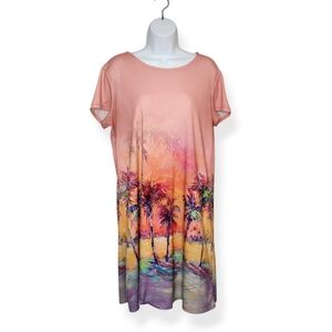 Leoma Lovegrove Women's Short Sleeve Shift Dress Tropical Palm Tree Size Medium